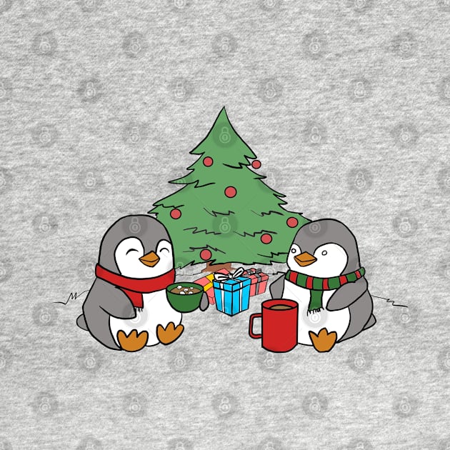 Christmas Penguins Enjoying Hot Cocoa with Christmas Tree v3 by Elizabeths-Arts